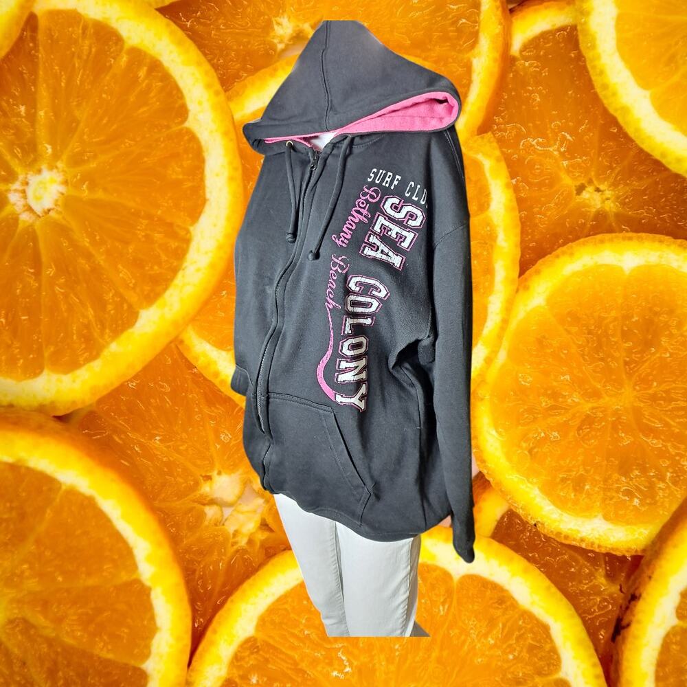 Tipsy Women's Black-Pink Sea Colony Full-Zip Long Sleeve Fleece Hoodie Size M‎
